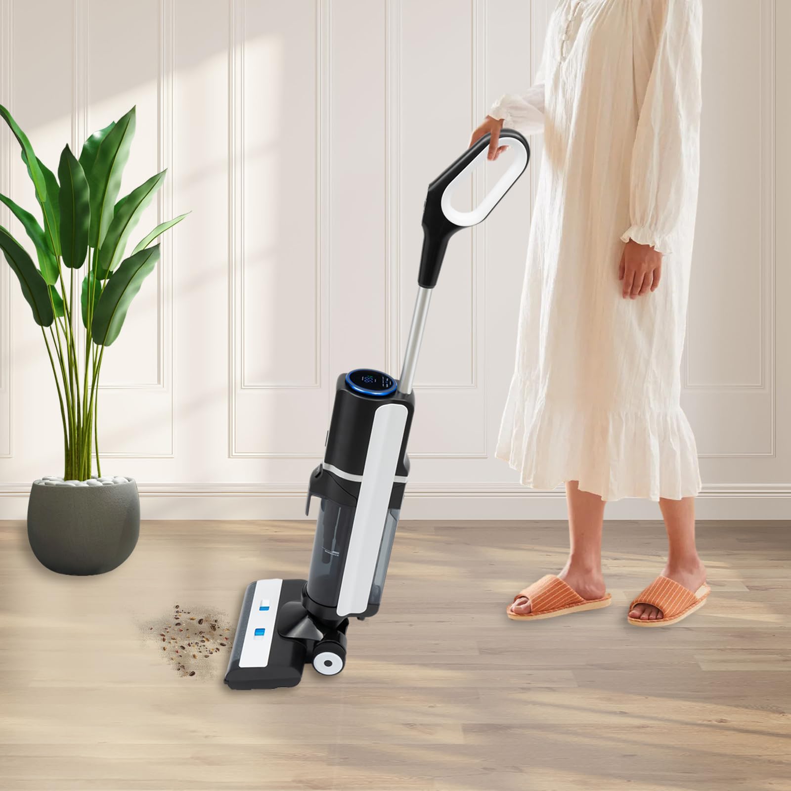 AKaSping Wet Dry Vacuum Cleaner Cordless Floor Cleaner 200W 14000Pa Stick Vacuum and Mop with LCD Display & Voice Announcement One-Step Edge to Edge Cleaning for Home Office Hotel 100-240V