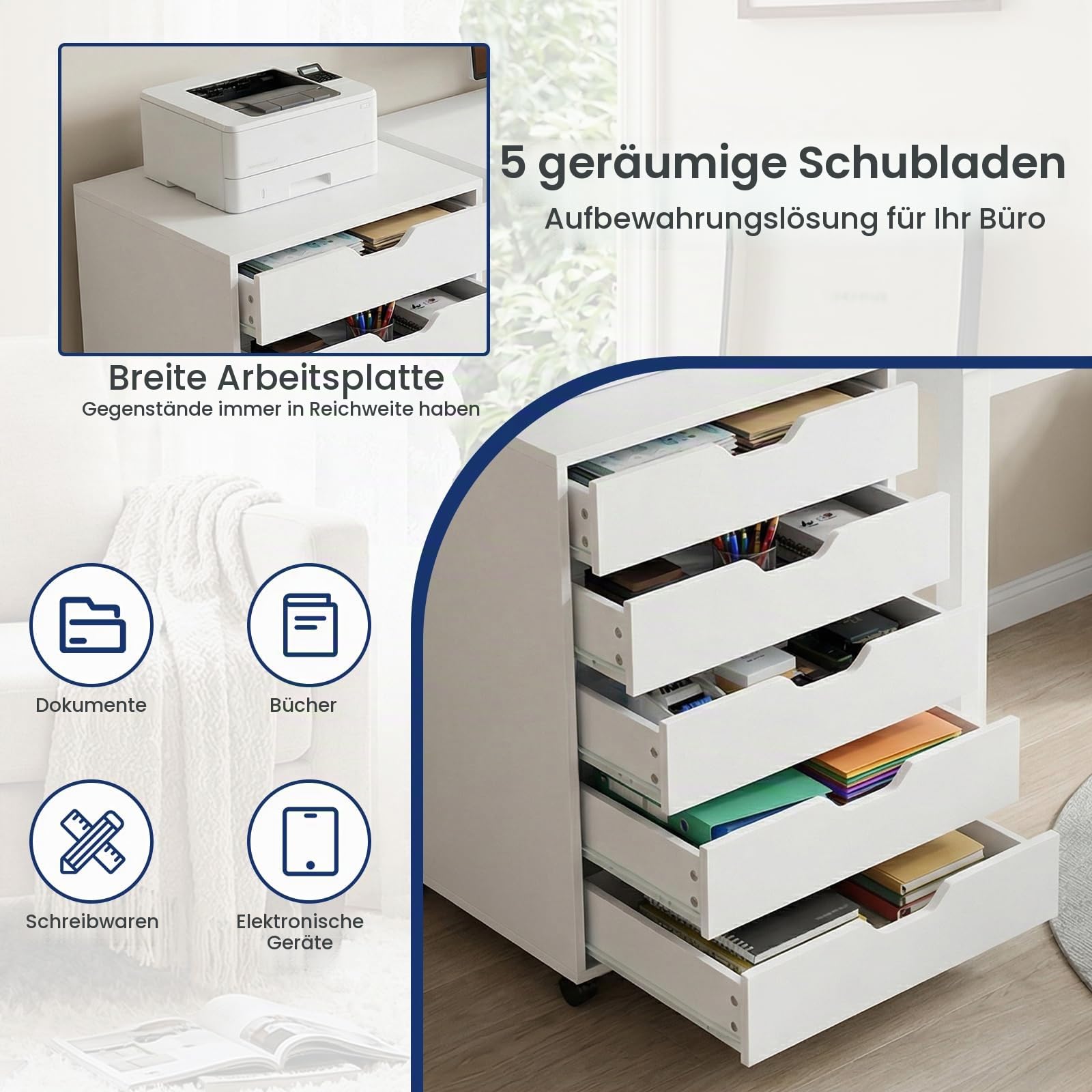 Rollcontainer mit 5 Schubladen, Mobiler Aktenschrank mit 4 Rollen, Holz Büroschrank Schreibtisch Unterschrank, Schmal Schubladenschrank Druckerschrank Weiß, 40.5cm Breit