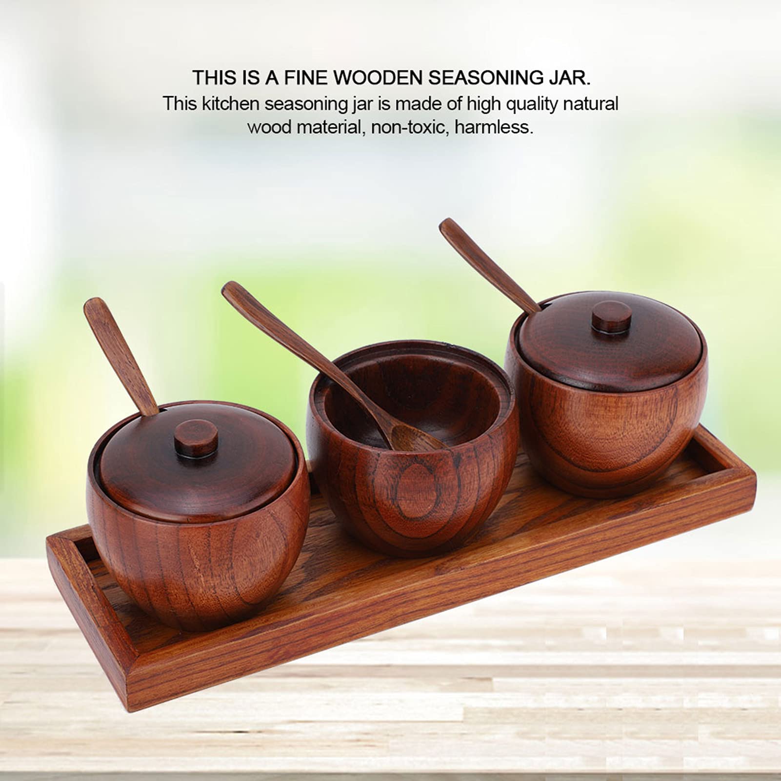Set Barattolo di Spezie Retrò in Legno con Coperchio E Cucchiaio, Condimento Zuccheriera Strumento da Cucina Ideale Per Caffè, Zucchero, Condimenti Materiale in Legno, con 3 Barattoli, Cucchiai