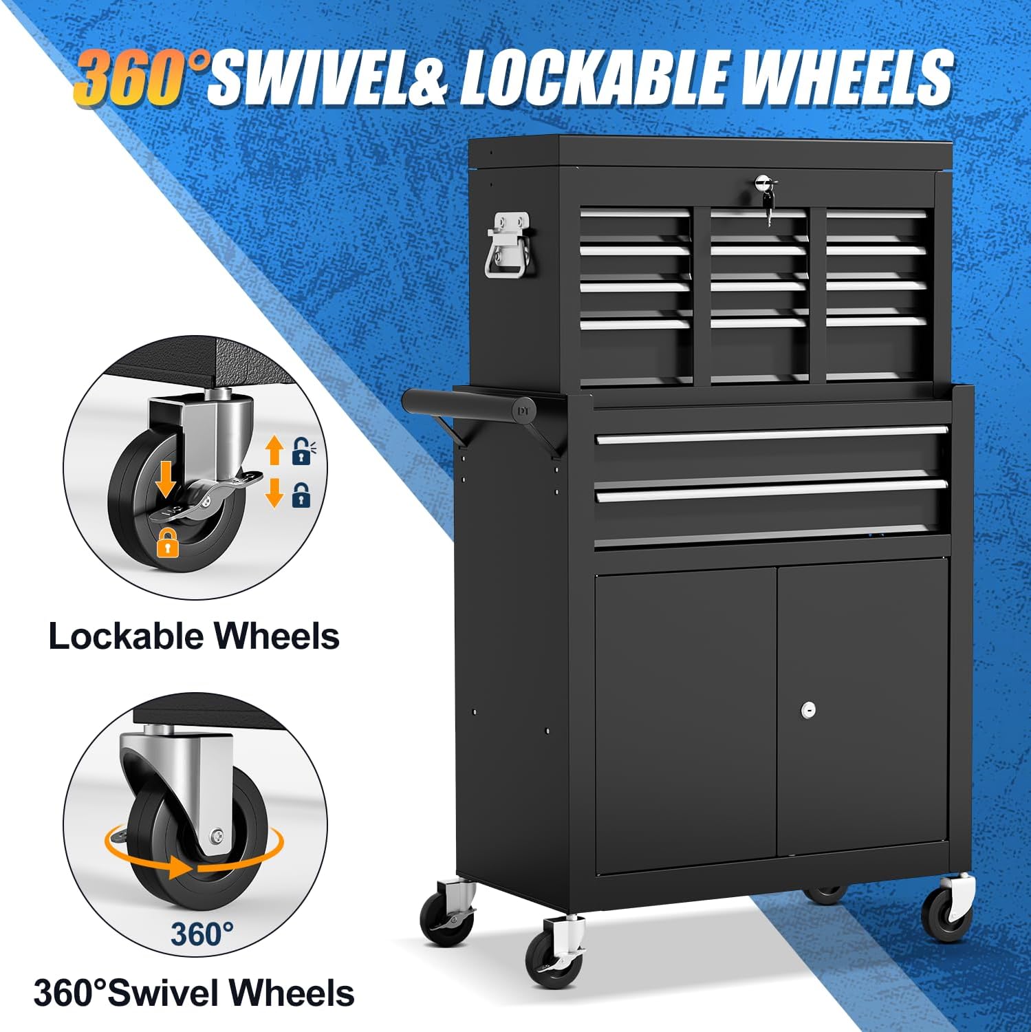 10-Drawer Rolling Tool Chest with Wheels, 2 in 1 Tool Box Rolling Tool Chest Heavy Duty, High-Capacity Mechanic Tool Organizer, Adjustable Shelf & Detachable Top Cabinet, Black