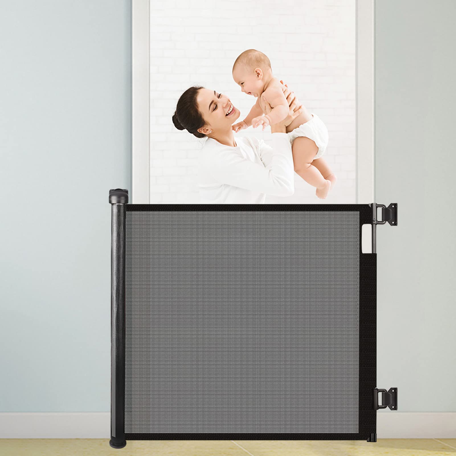 HollyHOME Barrière de Sécurité Rétractable pour Bébé 180 cm Extra Large à Une Main, Barrière D'escalier pour Bébé et Animaux Domestiques, Intérieur et Extérieur, Noir