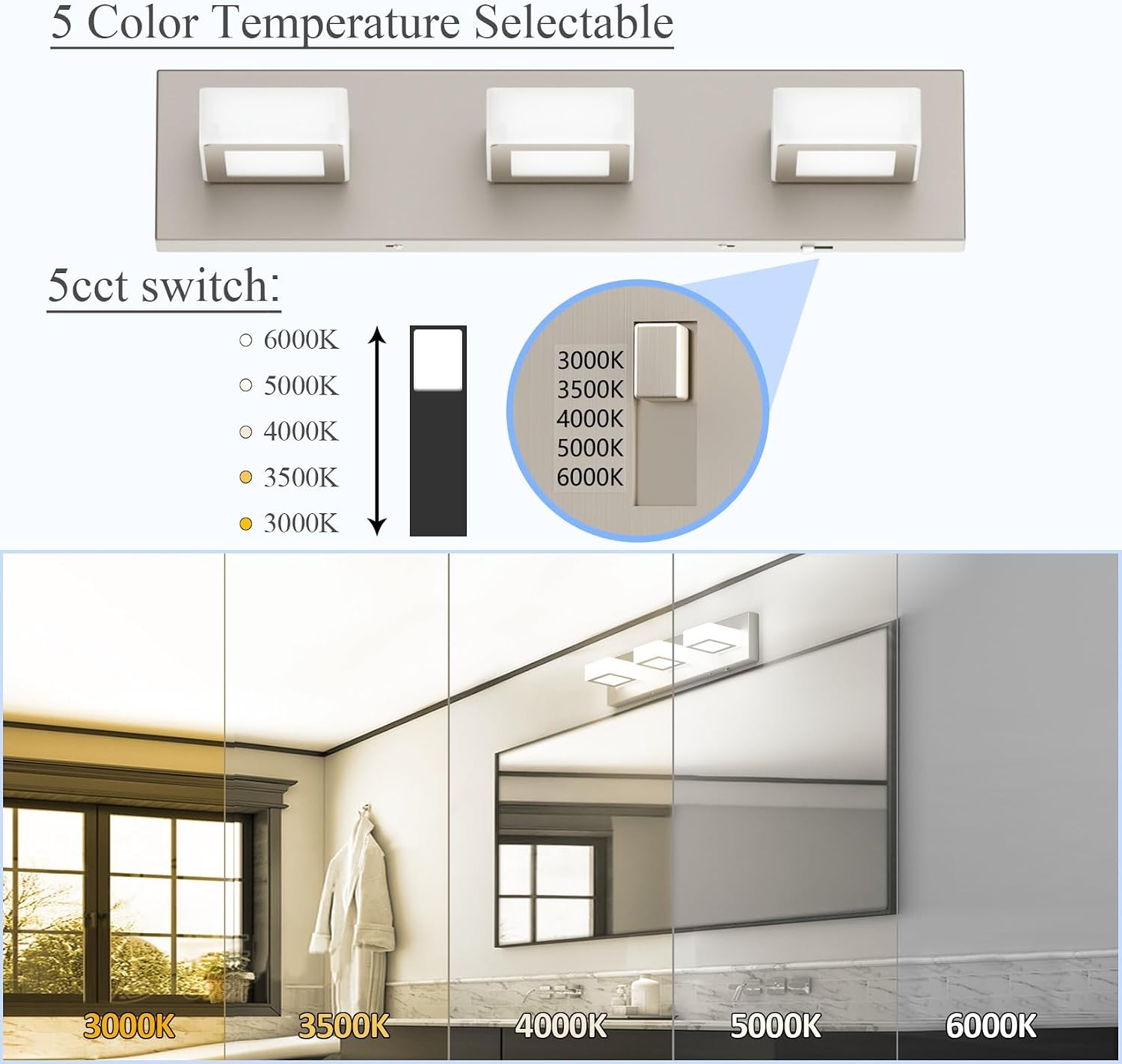 Ralbay 5 Color Temperature Brushed Nickel Bathroom Vanity Lights Dimmable Acrylic Modern LED Bathroom Wall Lighting Fixtures Brushed Nickel