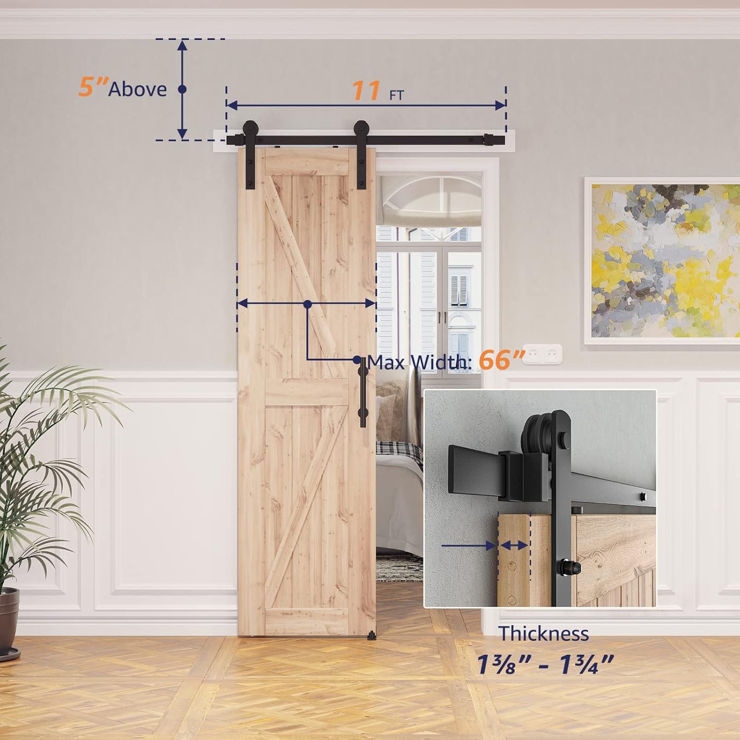 smartstandard 4 ft heavy duty sturdy sliding barn door hardware kit, black, (whole set includes 1x pull handle set & 1x floor guide) fit 24" wide door panel (i shape hanger) 4 feet