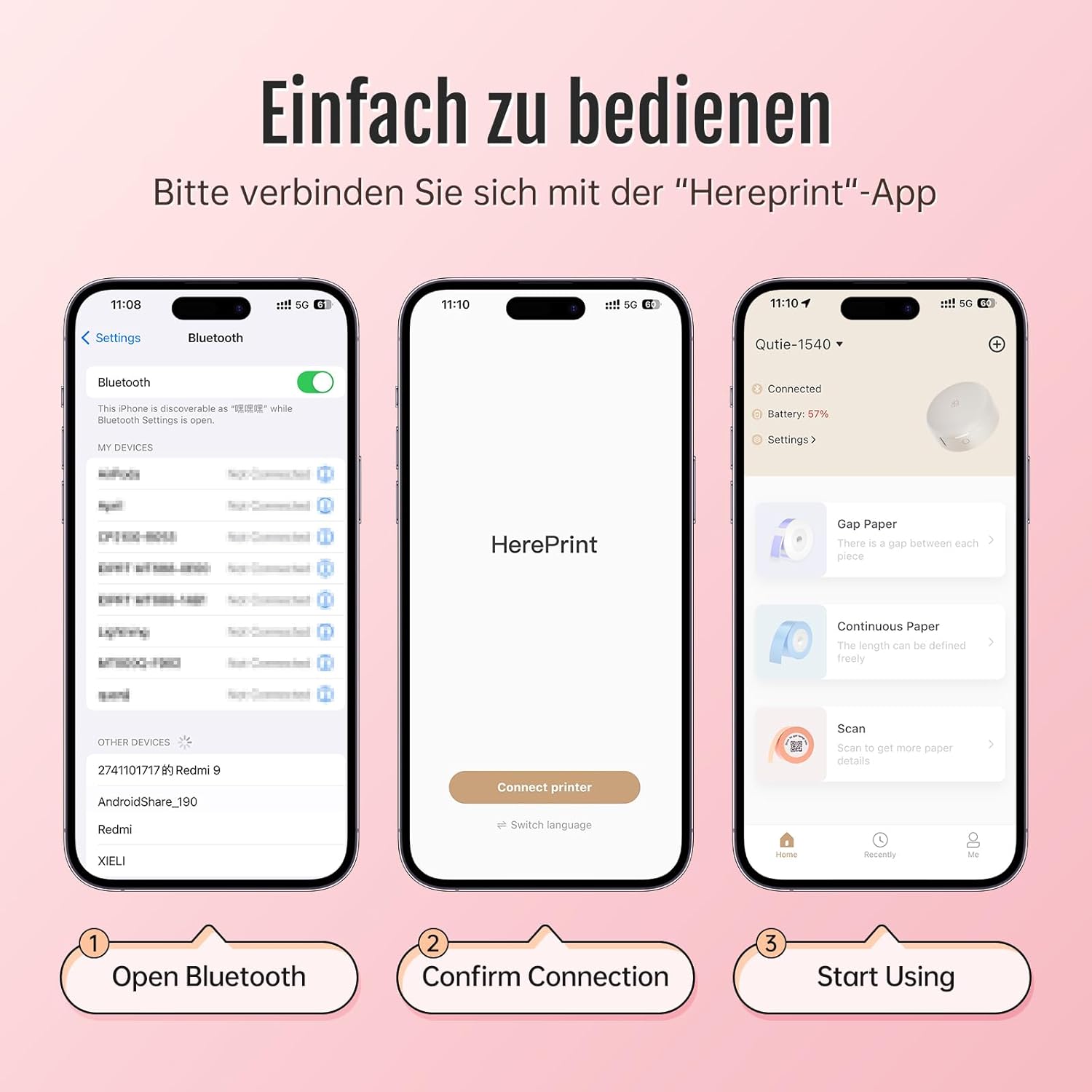 Screenshots showing the steps to connect the PRT H11 label maker via Bluetooth: open Bluetooth, confirm connection in app, and start using.