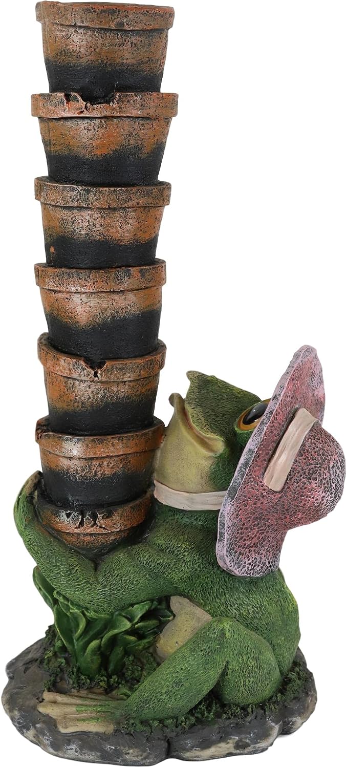 Ebros 14" Tall Whimsical Senorita Green Frog Toad with Pink Hat Juggling Planter Pots Stack with Welcome Sign Decorative Figurine Guest Greeter Indoor Patio Home Frogs Toads Accent Statue