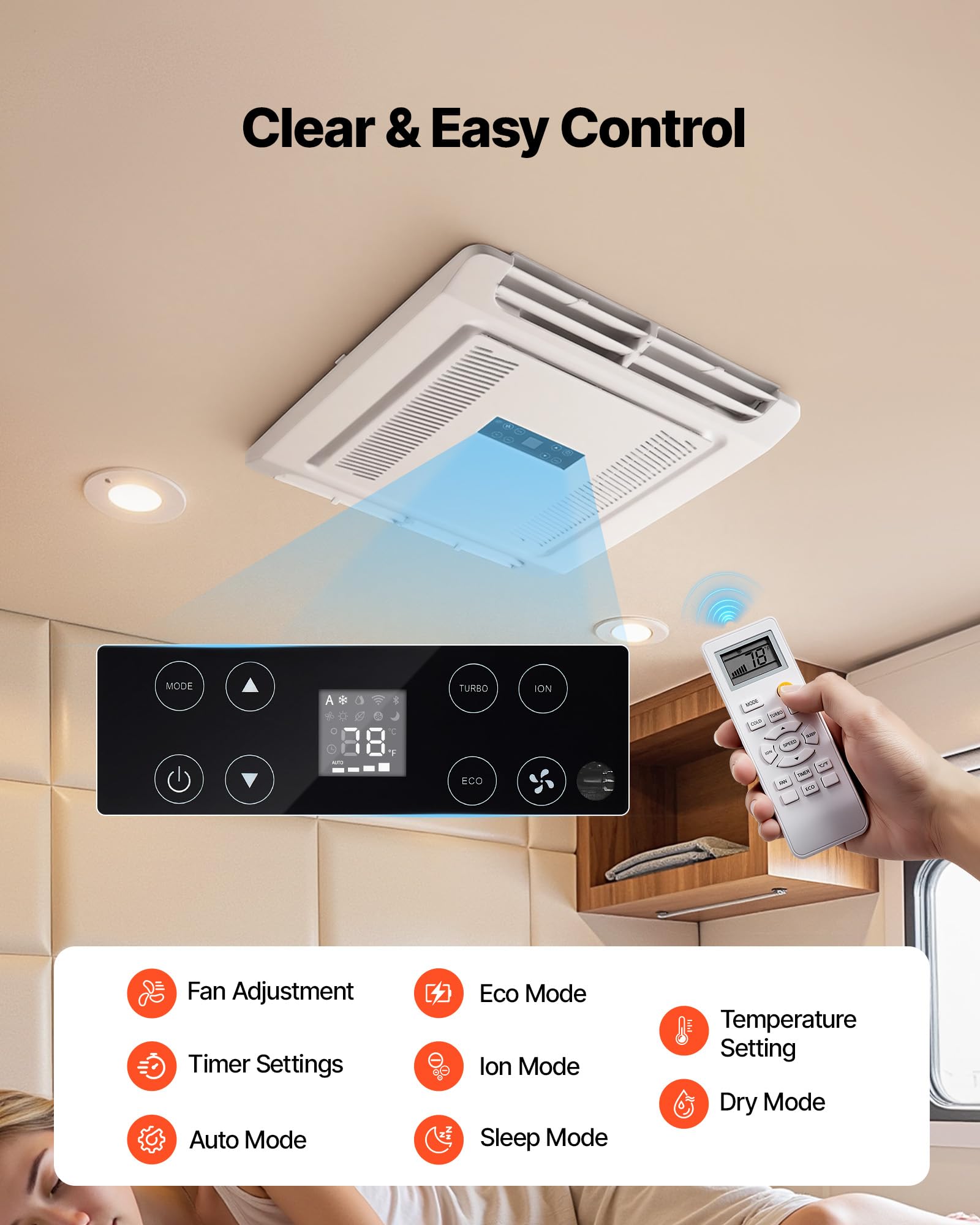 VEVOR Climatiseur de Toit sans Conduit, 3000 W Système Climatisation pour Camping-car et Caravane, 220 V, Mode Refroidissement et Pompe à Chaleur, Unité AC avec Commandes ADB et Télécommande, Blanc