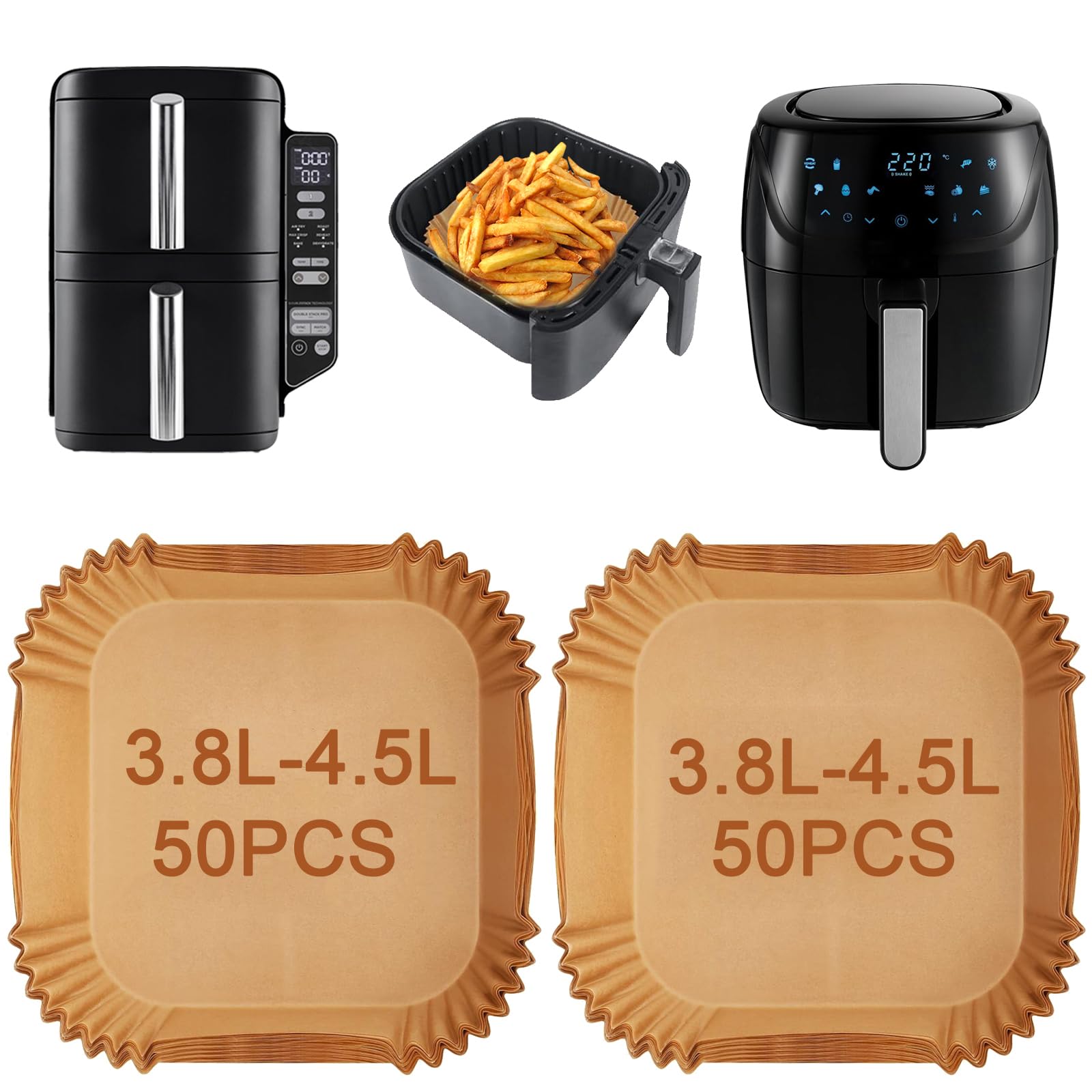 100pcs Air Fryer Liners Disposable for Ninja Double Stack Air Fryer 7.6l SL300UK / Russell Hobbs Air Fryer 4L, 4L Square Air Fryer Liners, Comptible with Ninja, Philips, Cosori, Tower 3.8L-4.5L