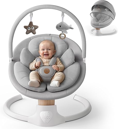 Miniatura 9 de Columpios de bebé para bebés, columpio eléctrico para bebés con 10 melodías preestablecidas, 5 velocidades, control remoto y Bluetooth, columpio
