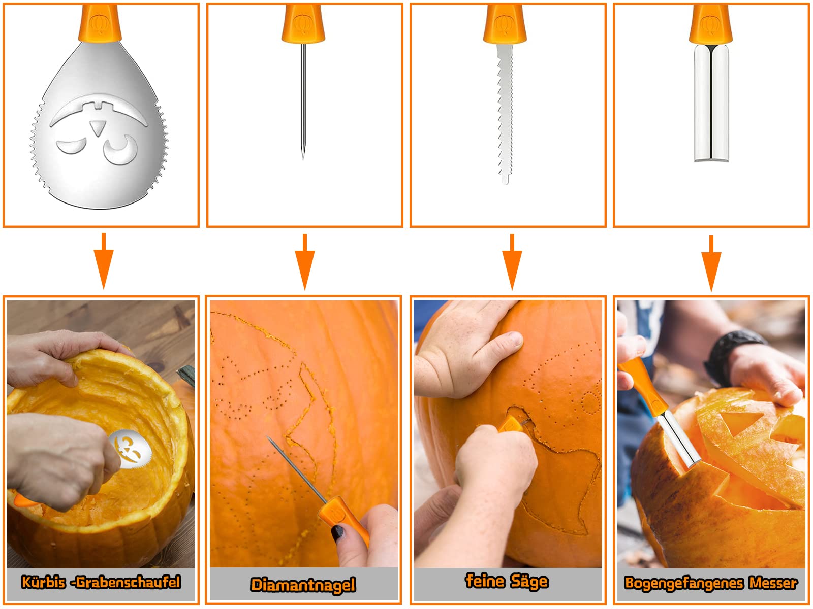 Halloween Kürbis Schnitzset 7-teilig Mit LED Kerzen - Professionelle Werkzeuge Aus Edelstahl