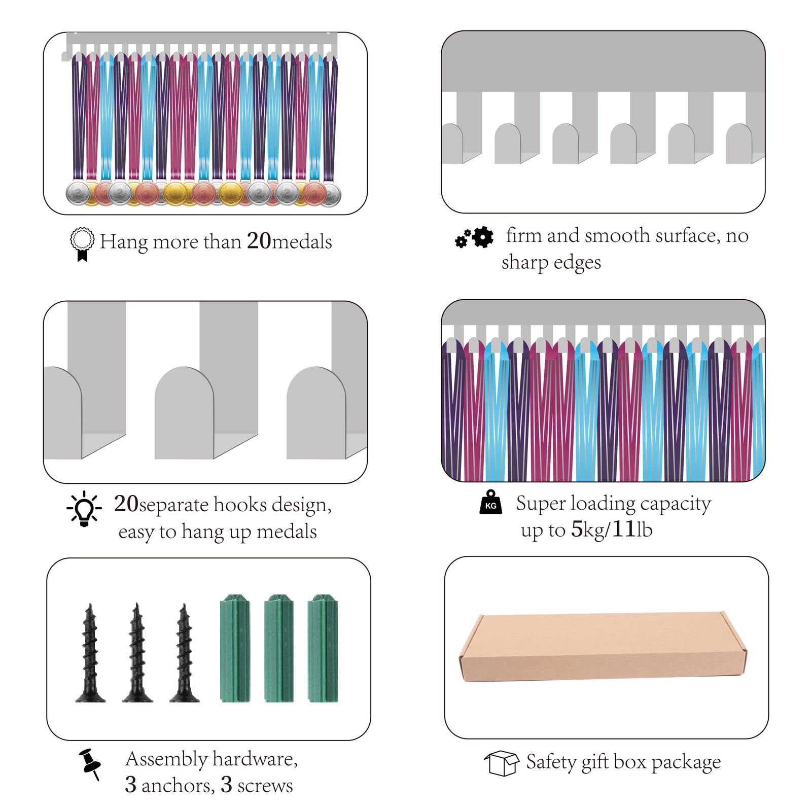 Porta Medaglie Da Parete Calcio - Espositore In Metallo Con 12 Ganci, Design Atleta - Foto 8