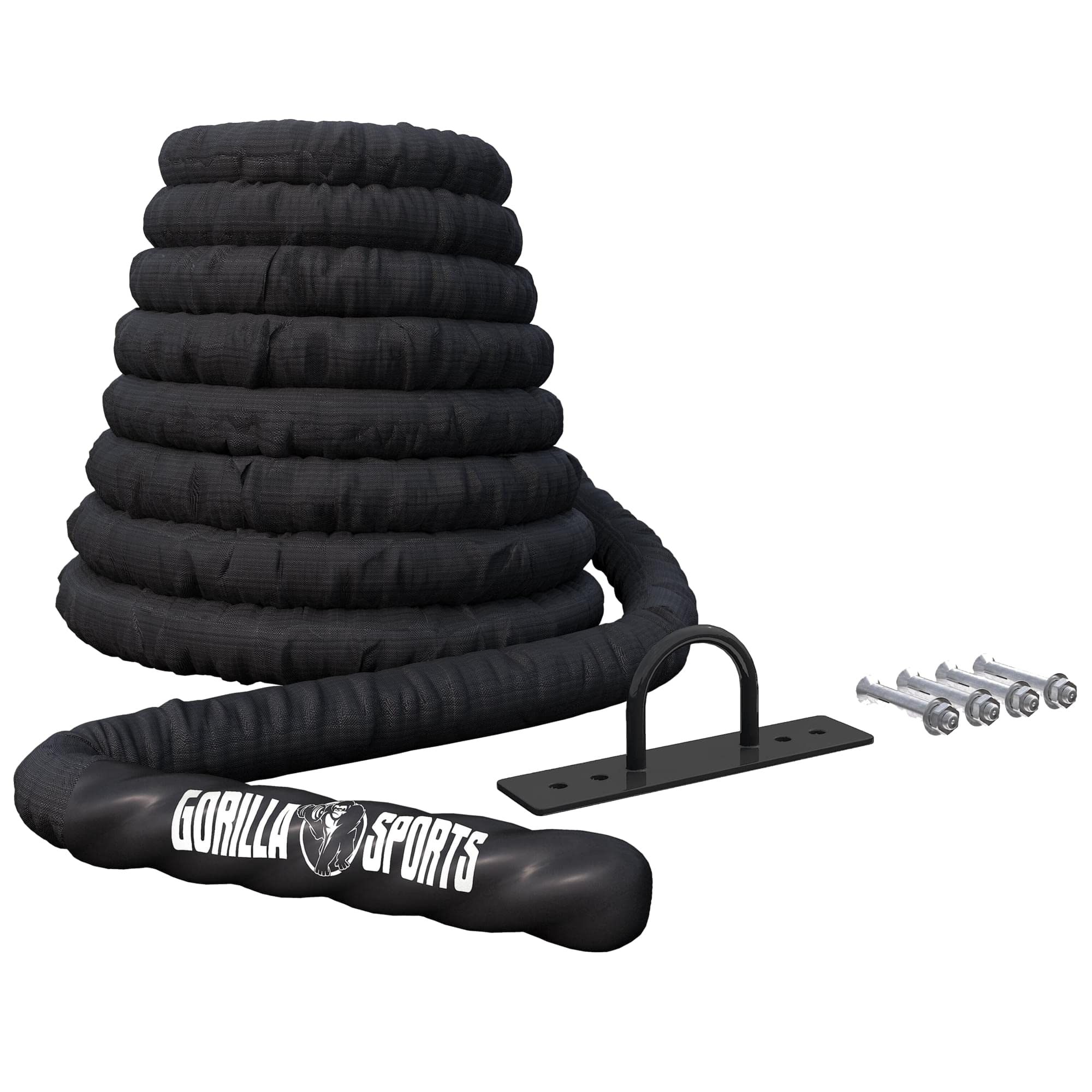 Gorilla Sports® Battle Rope - Longueur 9/12/15 m, Diamètre 38mm/50mm, avec Fixation Mural, en Nylon, Noir - Corde de Bataille, de Combat, Ondulatoire pour Entraînement, Sport, Fitness et Musculation