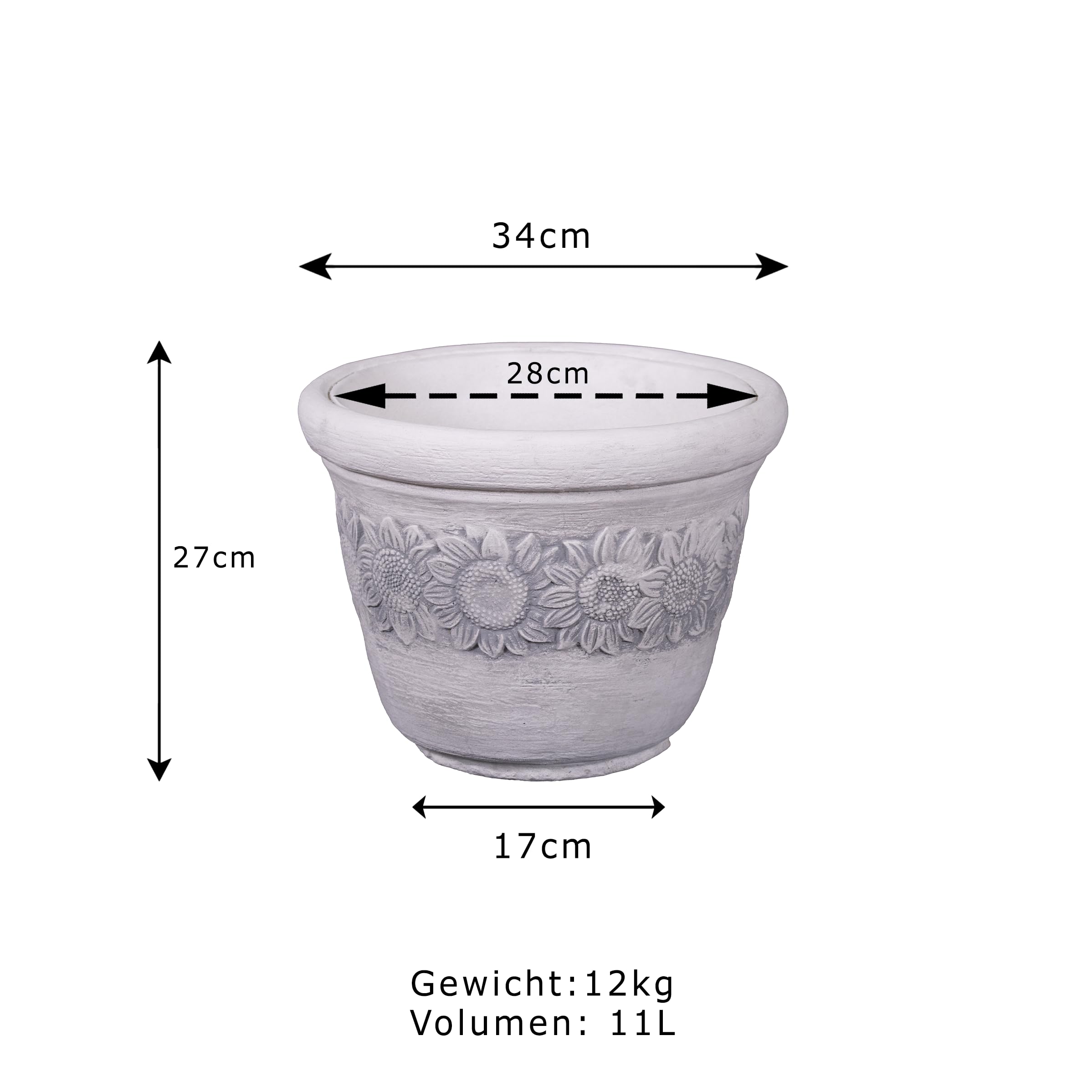 gartendekoparadies.de Doniczka z motywem słoneczników, rozmiar M, donica na rośliny z odlewu kamiennego, wys. 27 cm, 11 litrów, 12 kg, szara, odporna na mróz do użytku na zewnątrz