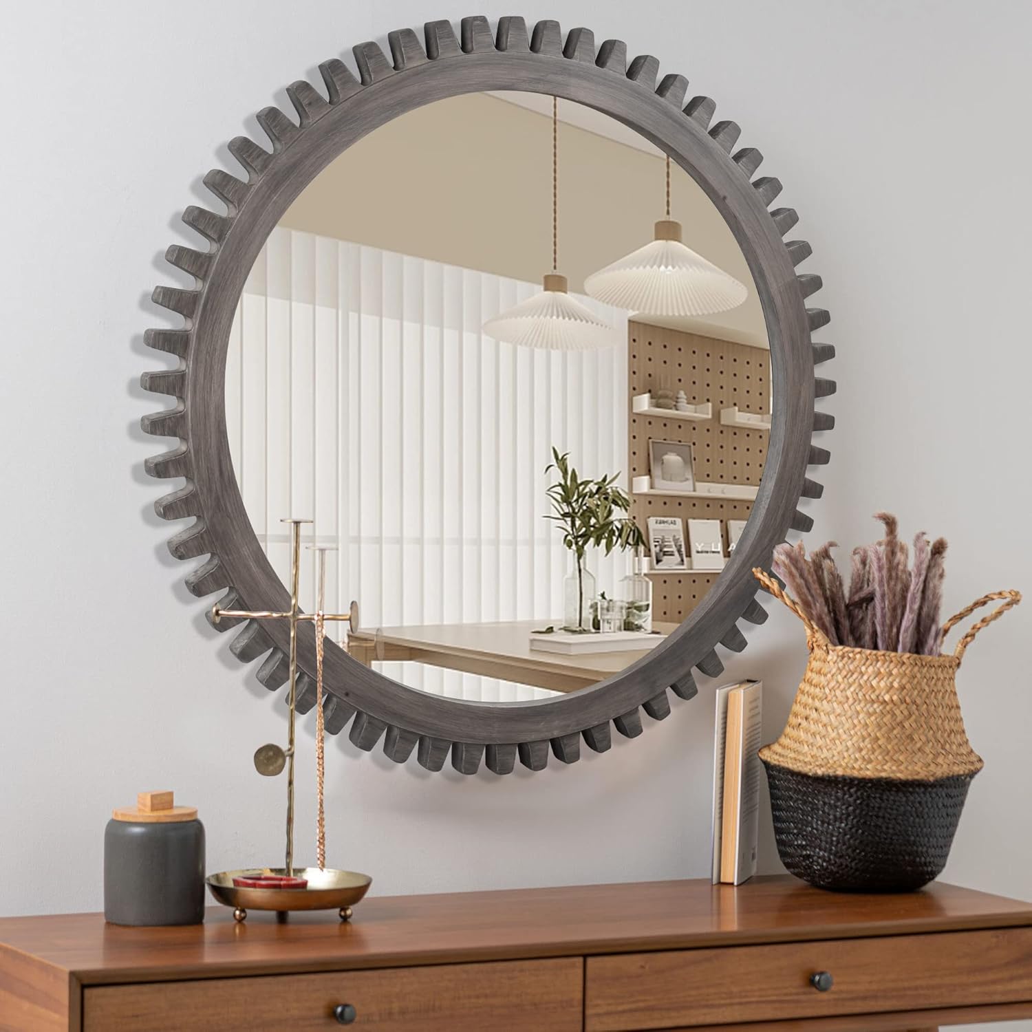 DUQIMO Round Wall Mirror 30 Inch, Farmhouse Wooden Framed