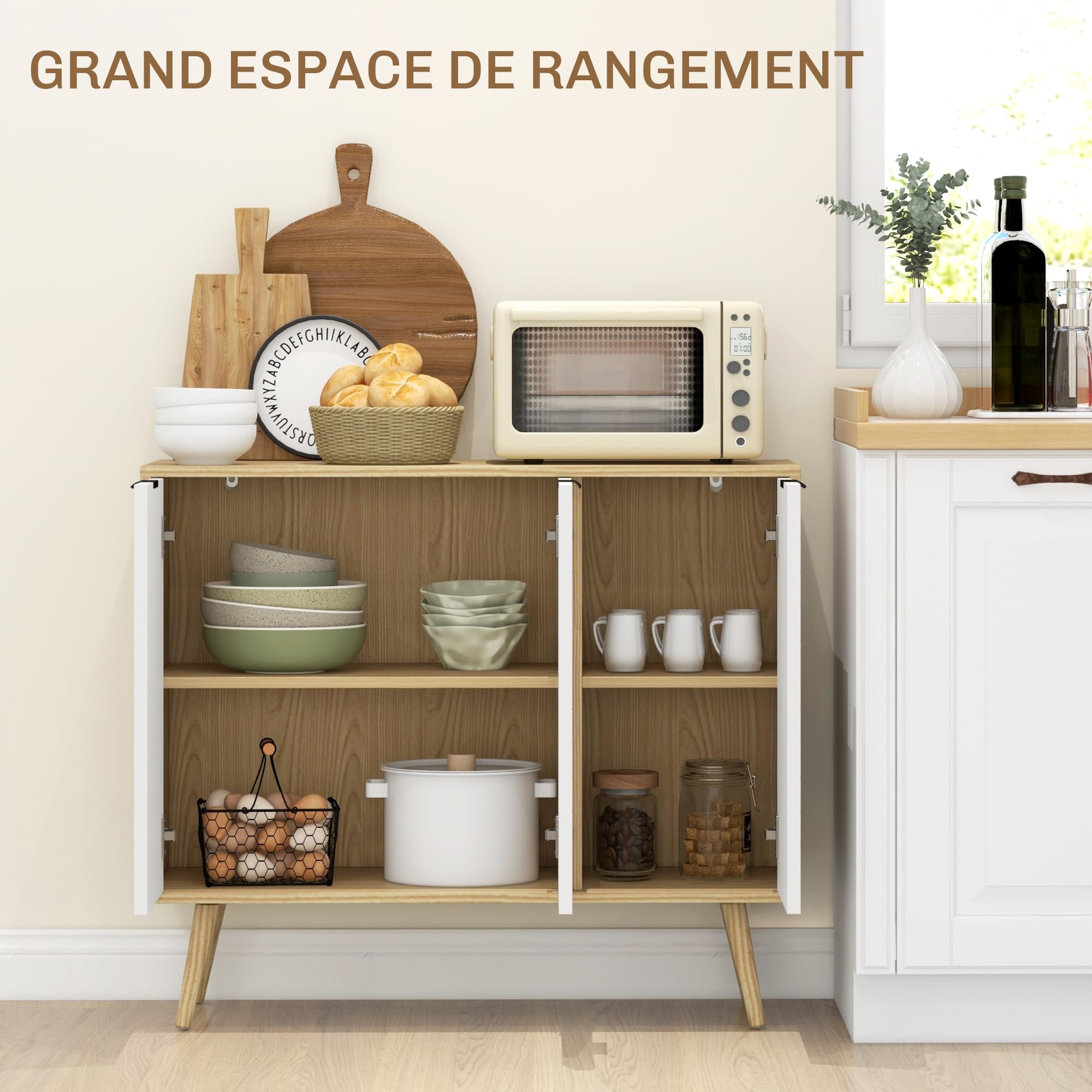 HOMCOM Buffet Salon, Meuble de Rangement avec 3 Portes et étagère réglable, Pieds en Bois de pin, Buffet Salle à Manger Cuisine et Chambre, 91,5 x 35 x 77,4 cm, Blanc et Bois Naturel