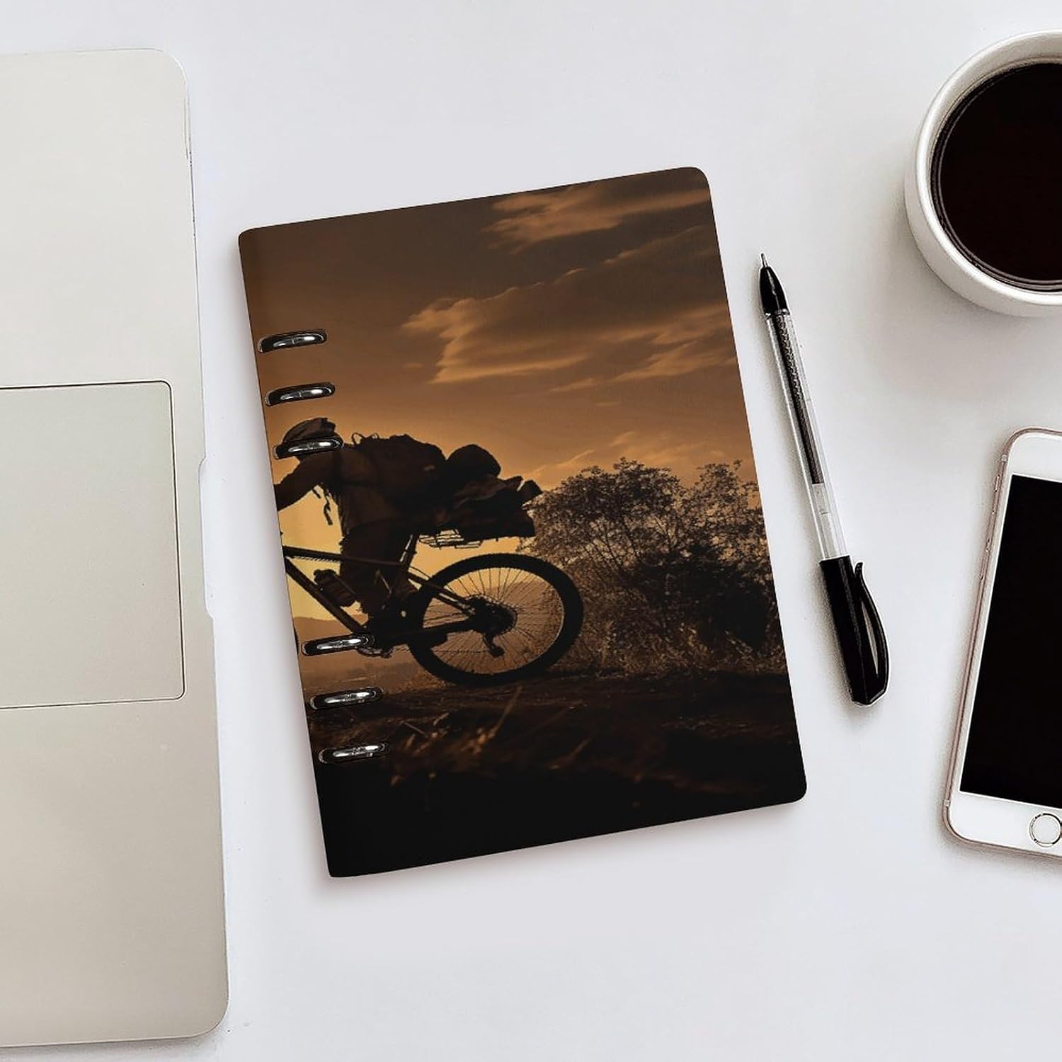 BTCOWZRV Mountain Bike in The Evening Notebook Refillable Note Book Spiral Notebook Detachable with 6 Ring A5 Loose-Leaf Note Books for Business Note-Taking Office Supplies 9 X 13.7 Inch