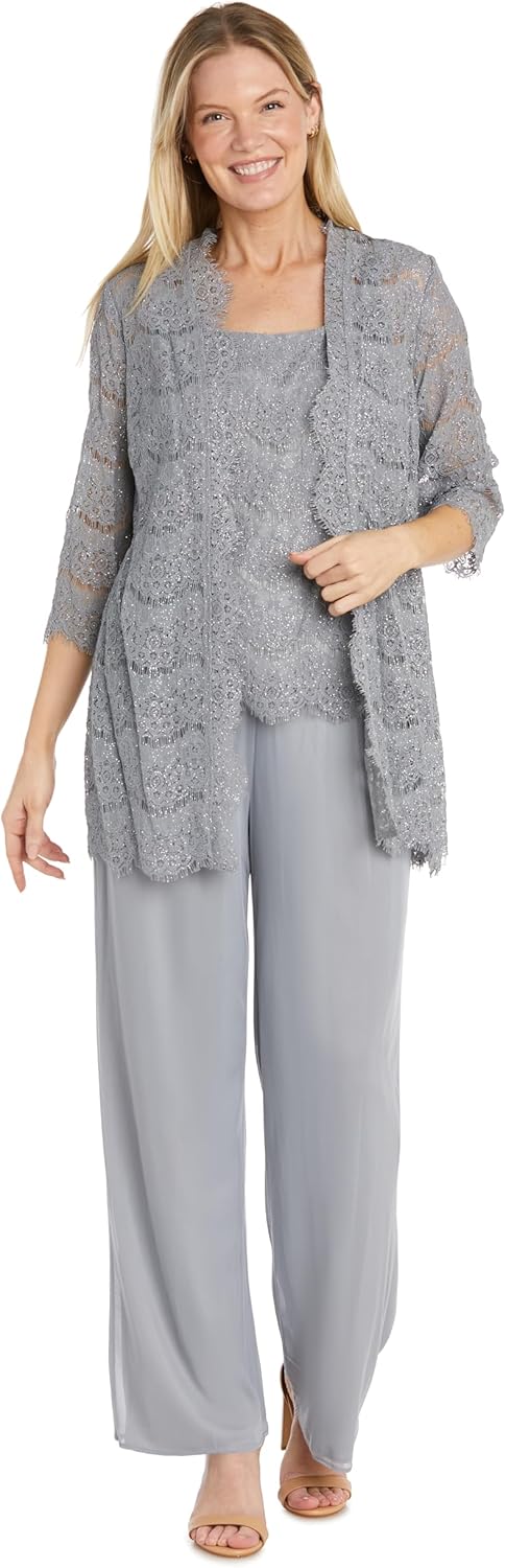 3PC Duster Pant Suit Lace Shell & Jacket W/Chiffon Pant