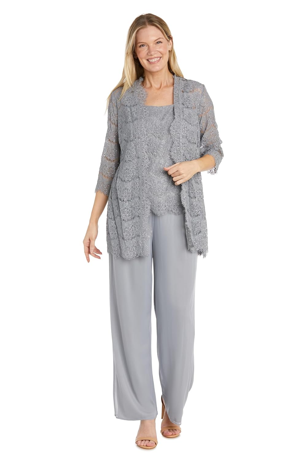 R M Richards Womens 3-Piece Glitter Corded Lace Duster Pantsuit W Scallop Jacket Wide-Leg Chiffon Trousers