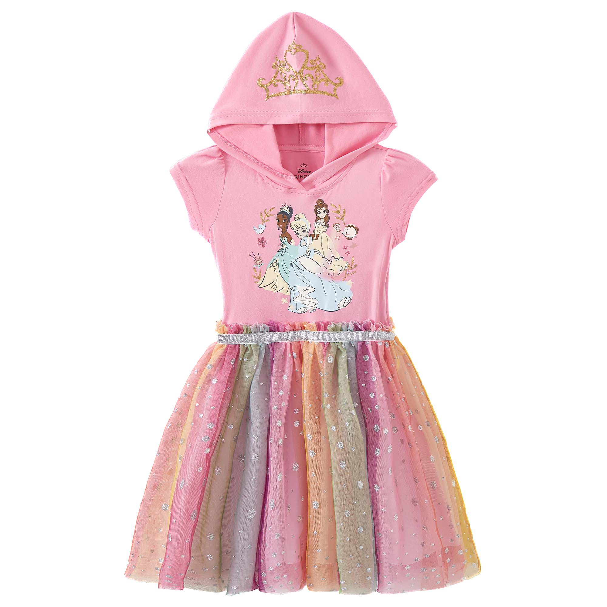 Disney Princess Tiana, Belle, Cinderella Girls Cosplay Hooded Tulle Dress for Toddler and Big Kids