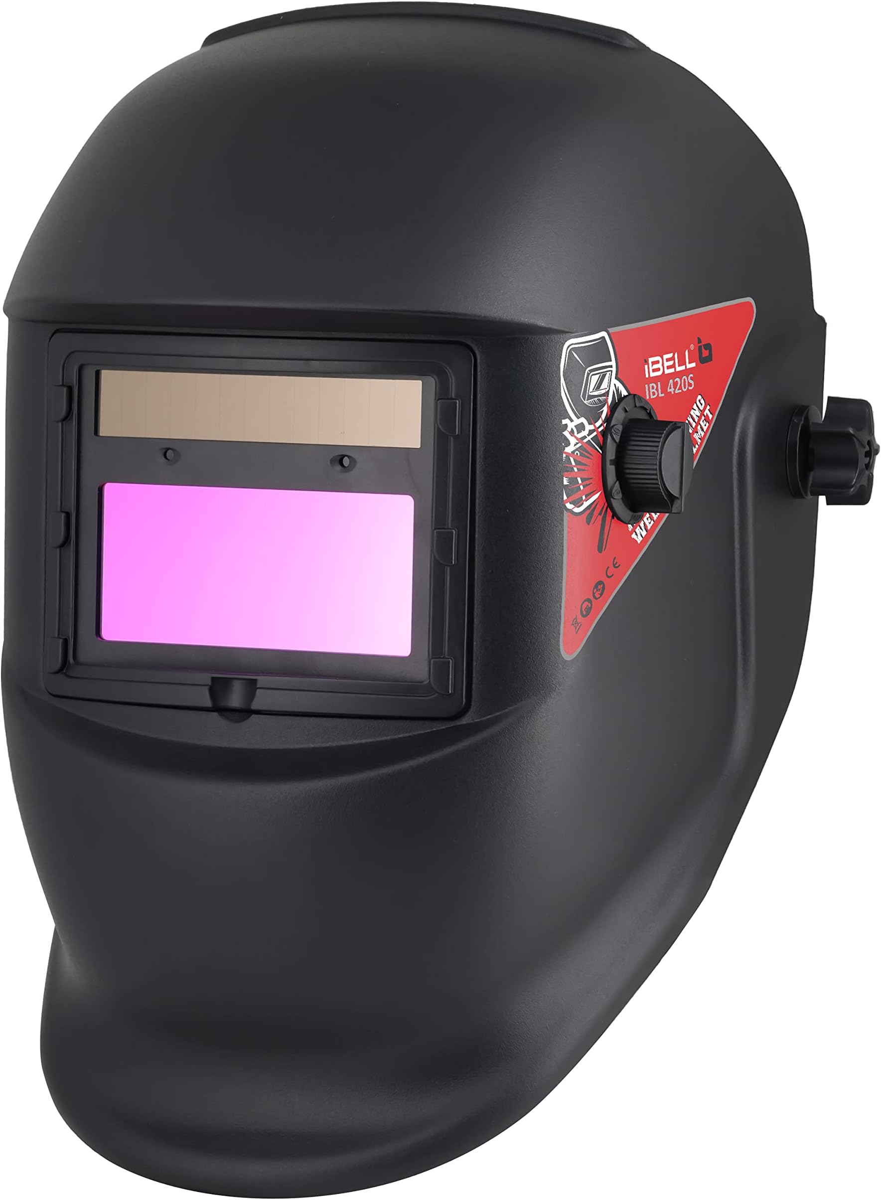- iBELL Auto Darkening Welding visor - non industrial IBL 420S – Solar & Battery Powered, 2 Arc Sensors, Adjustable Shade DIN 9-13, Grinding Mode, UV/IR Protection