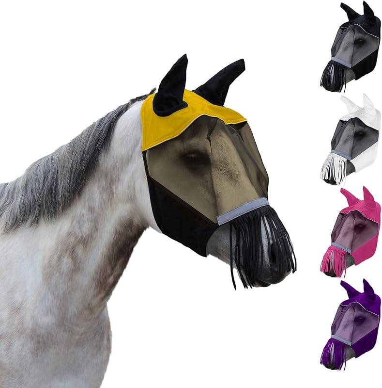 Máscara Antimoscas Refletiva para Cavalos Derby Originals com Orelhas, Cobertura Nasal e Franjas Amarela (X-Large Oversize/Warmblood)