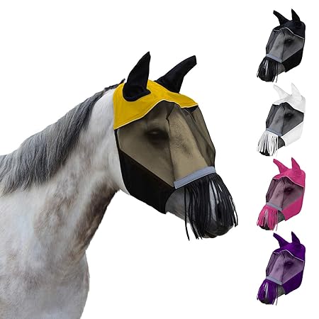 Derby Originals Reflective Trim Fly Mask with Ears & Fringes & One Year Warranty - Mini, Pony, Full, Oversize & Five Appealing Colors