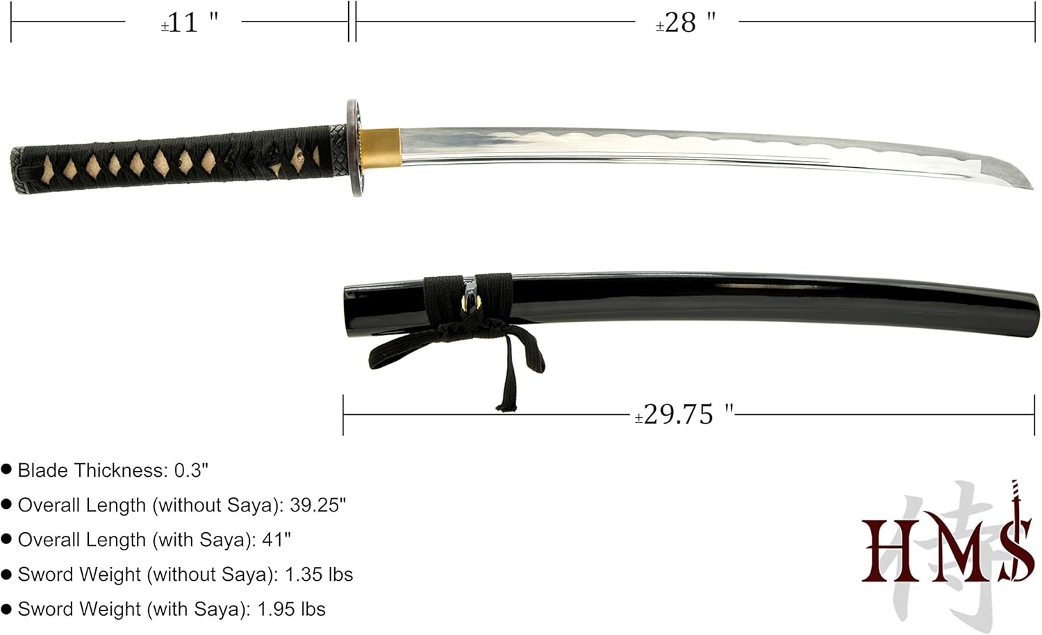 HMS Japanese Samurai Katana Training Sword, Iron Alloy Tsuba, Hand Made, Aluminum Alloy, Full Tang, Unsharpened