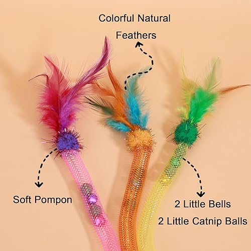 Miniatura 6 de Juguetes interactivos para gatos con plumas, tubos de malla elásticos con campana y hierba gatera en el interior, cuerda de juego interactiva