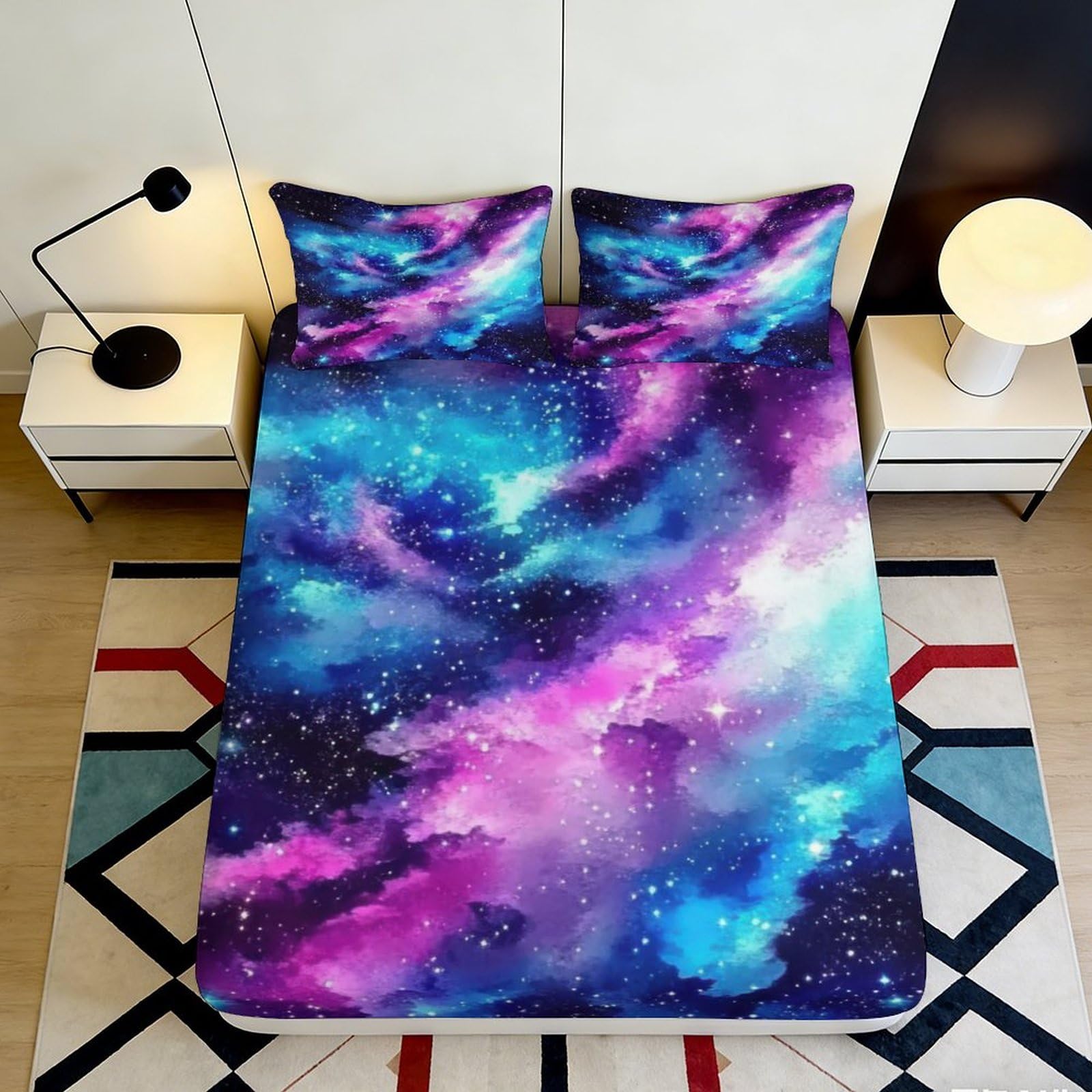 3D Printed Galaxy Starry Sky Fitted Sheet Microfiber Soft Hypoallergenic Cosmic Nebula Bed Cover for Bedroom Dorm Decor 90x200x25cm