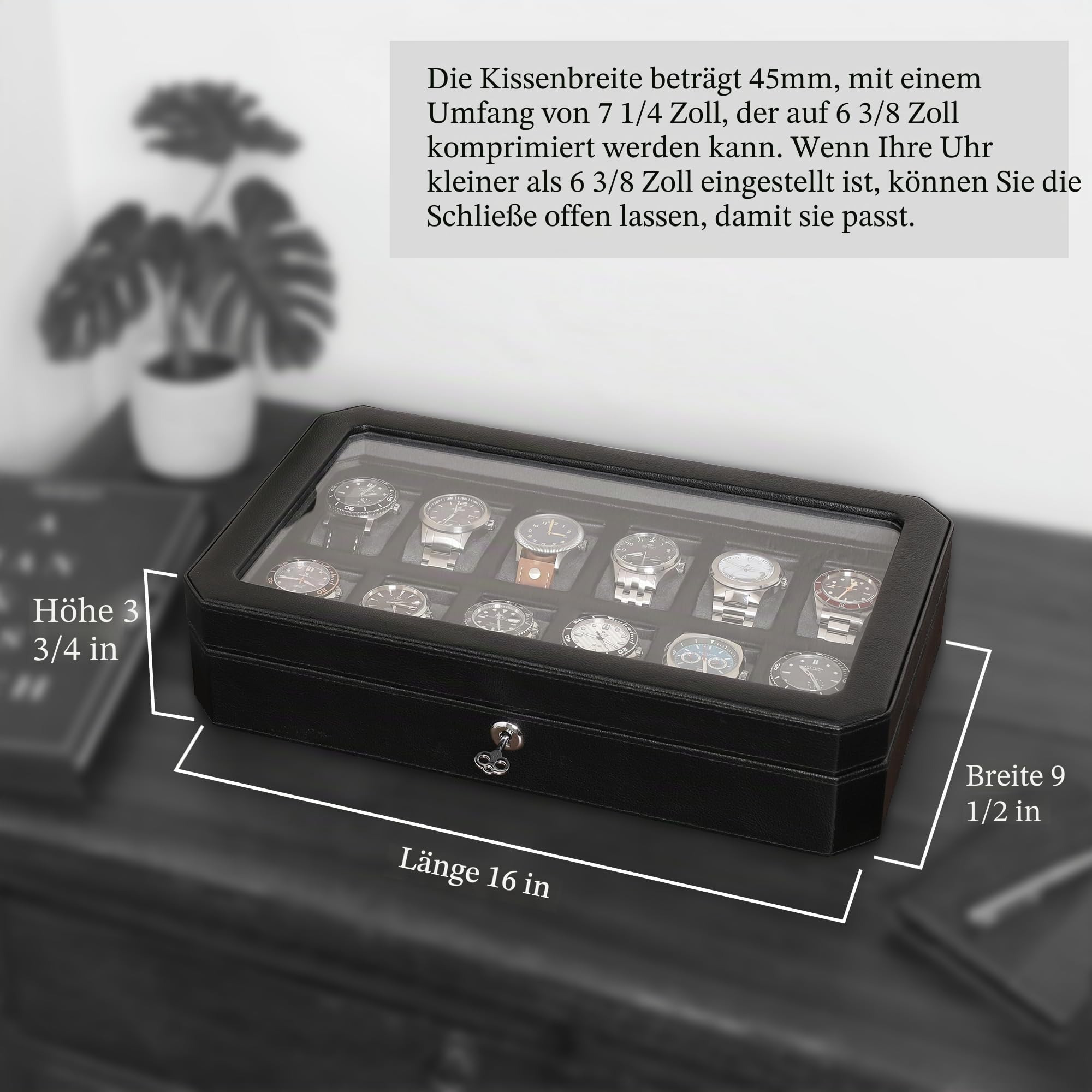 ROTHWELL 12 Slot Leder Uhrenbox - Luxus Uhrengehäuse Display Organizer, Herren Aufbewahrungsboxen Halter Große Glasplatte (Schwarz/Grau)