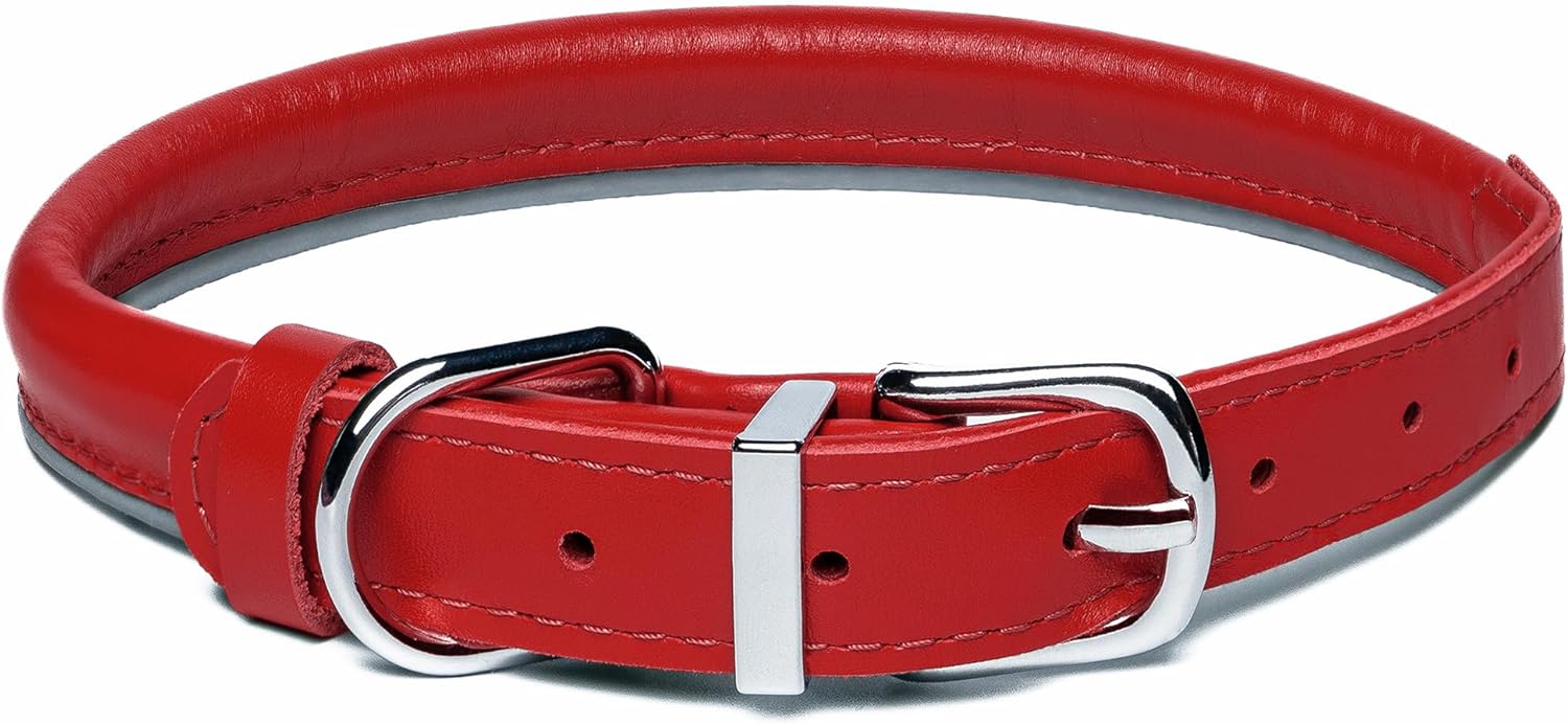 OOPSDOGGY Rolled Leather Dog Collar Reflective Roll Collars for Small Medium Large Dogs Puppy (Red, XXL, 20'' - 24'')