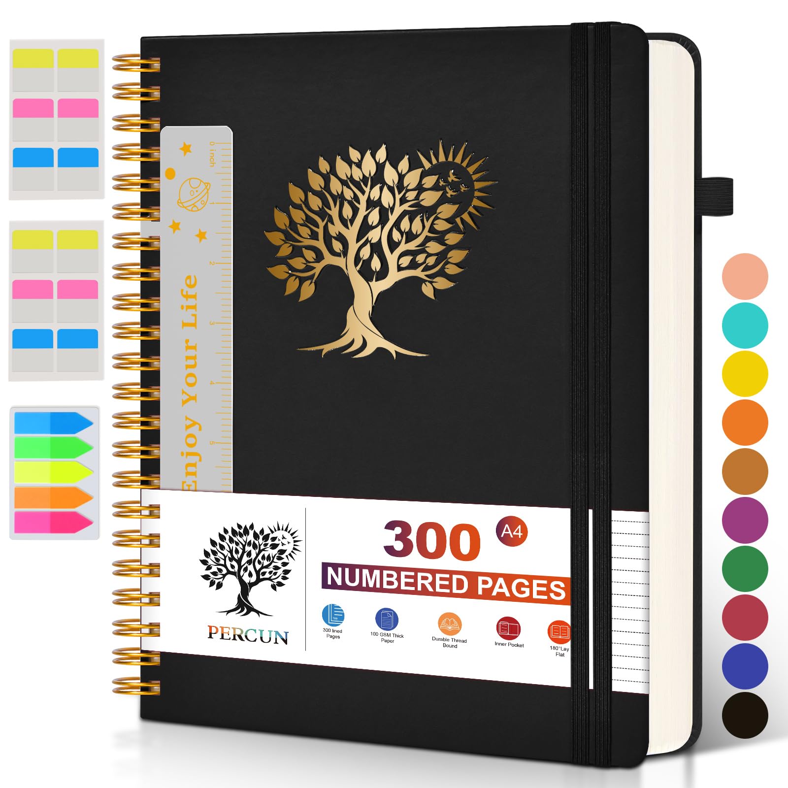 Large Spiral Notebook Journal for Women Men - 300 Numbered Lined Pages, College Ruled, A4 Hardcover Spiral Bound Notebook for School, Work, Note