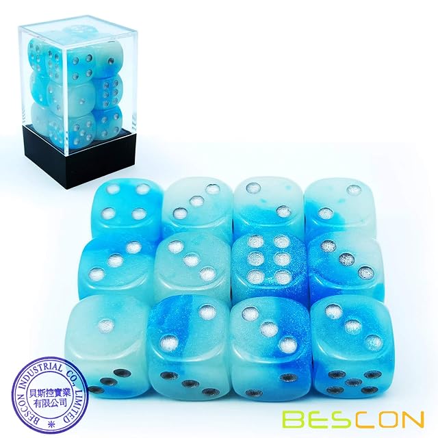 Foto 7 de 8 de Bescon Two Tone Glowing Dice D6 16mm 12pcs Set of Icy Rocks, 16mm Six Sided Die (12) Block of Glowing Dice