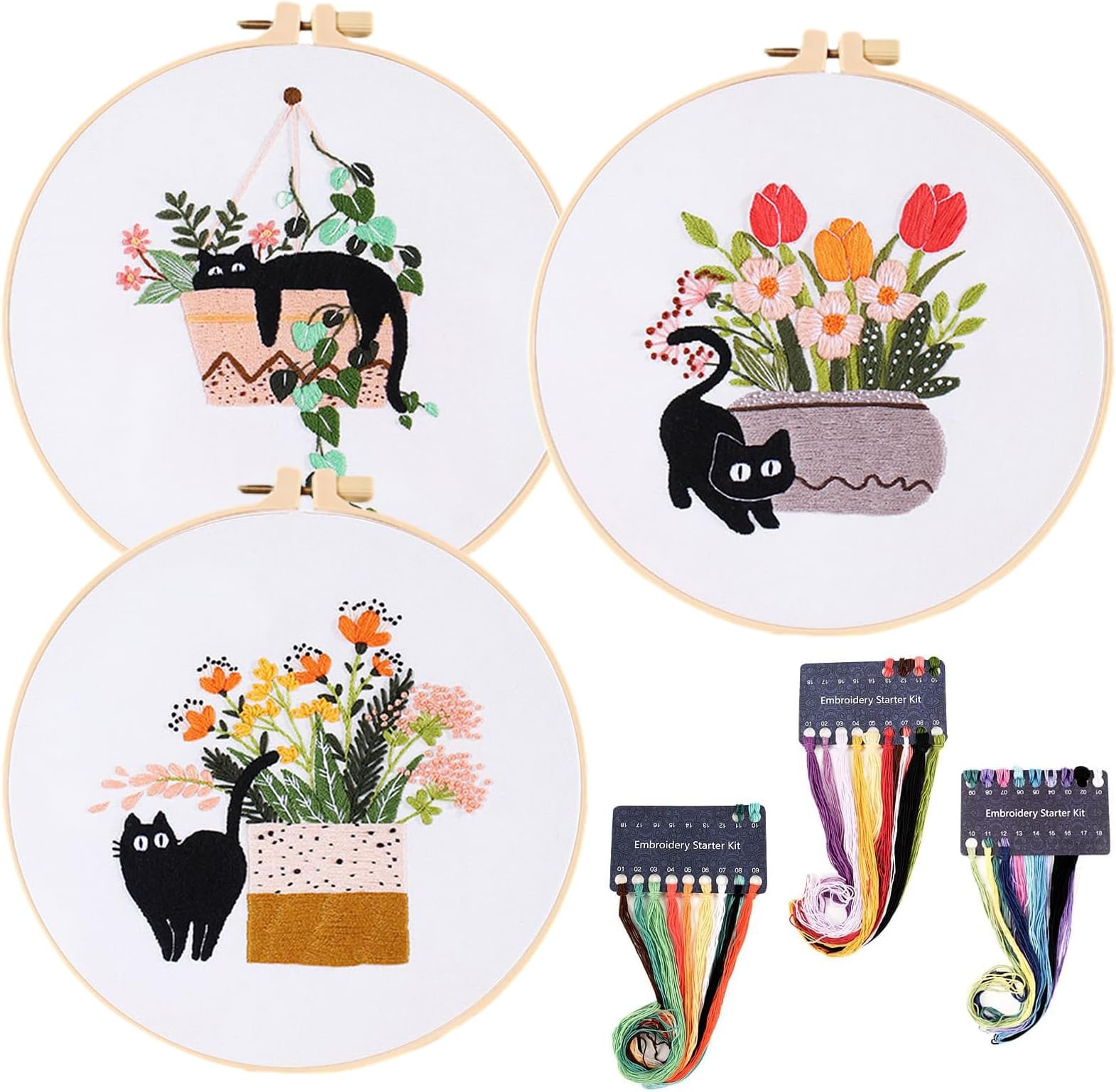 Embroidery Starter Kit for Beginners-3pcs Cute Embroidery Set with Patterns Instructions and Various Accessories for Adult Kids,Cross Stitch Kits for DIY Arts Crafts Stitch Handcraft (cat)