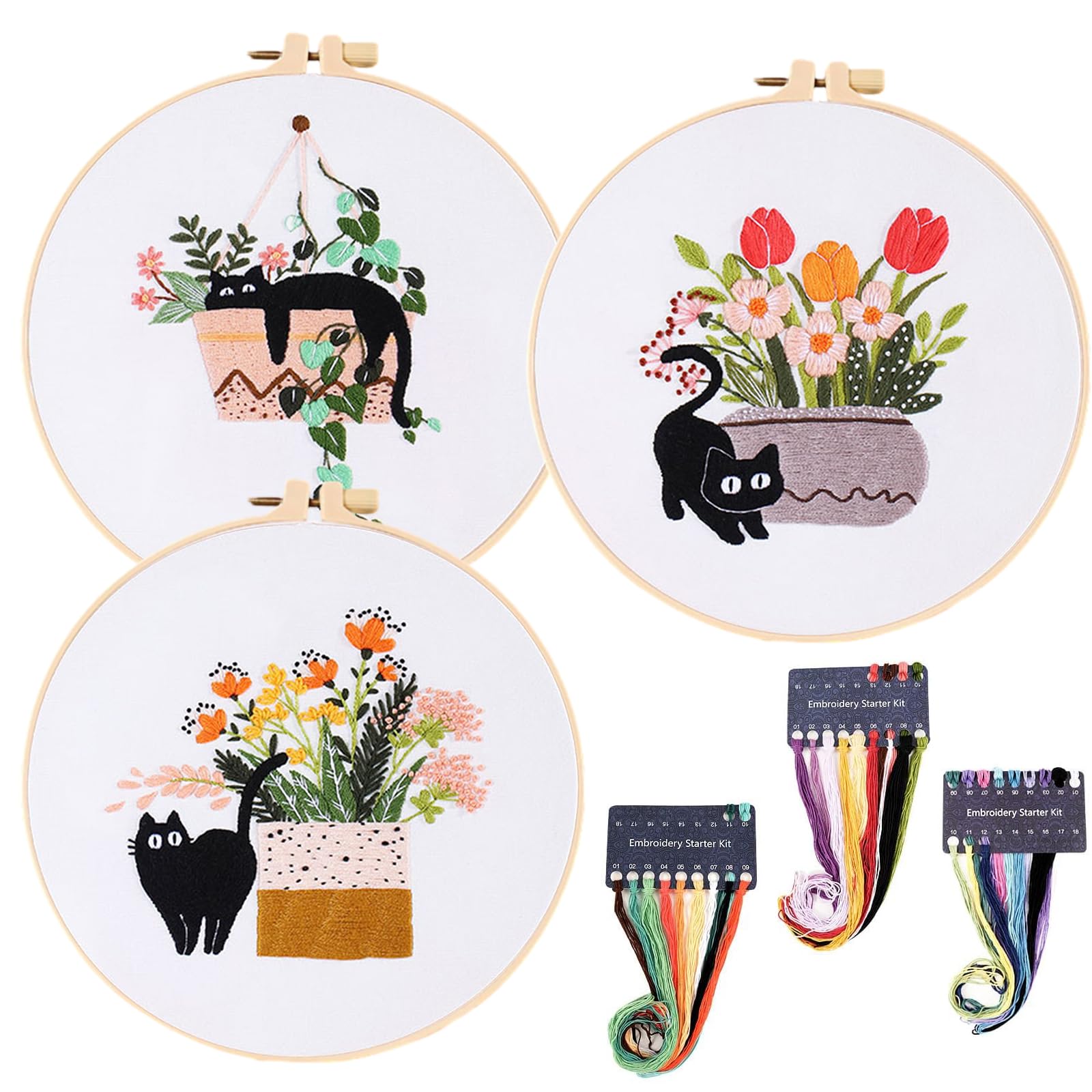Embroidery Starter Kit for Beginners-3pcs Cute Embroidery Set with Patterns Instructions and Various Accessories for Adult Kids,Cross Stitch Kits for DIY Arts Crafts Stitch Handcraft (cat)