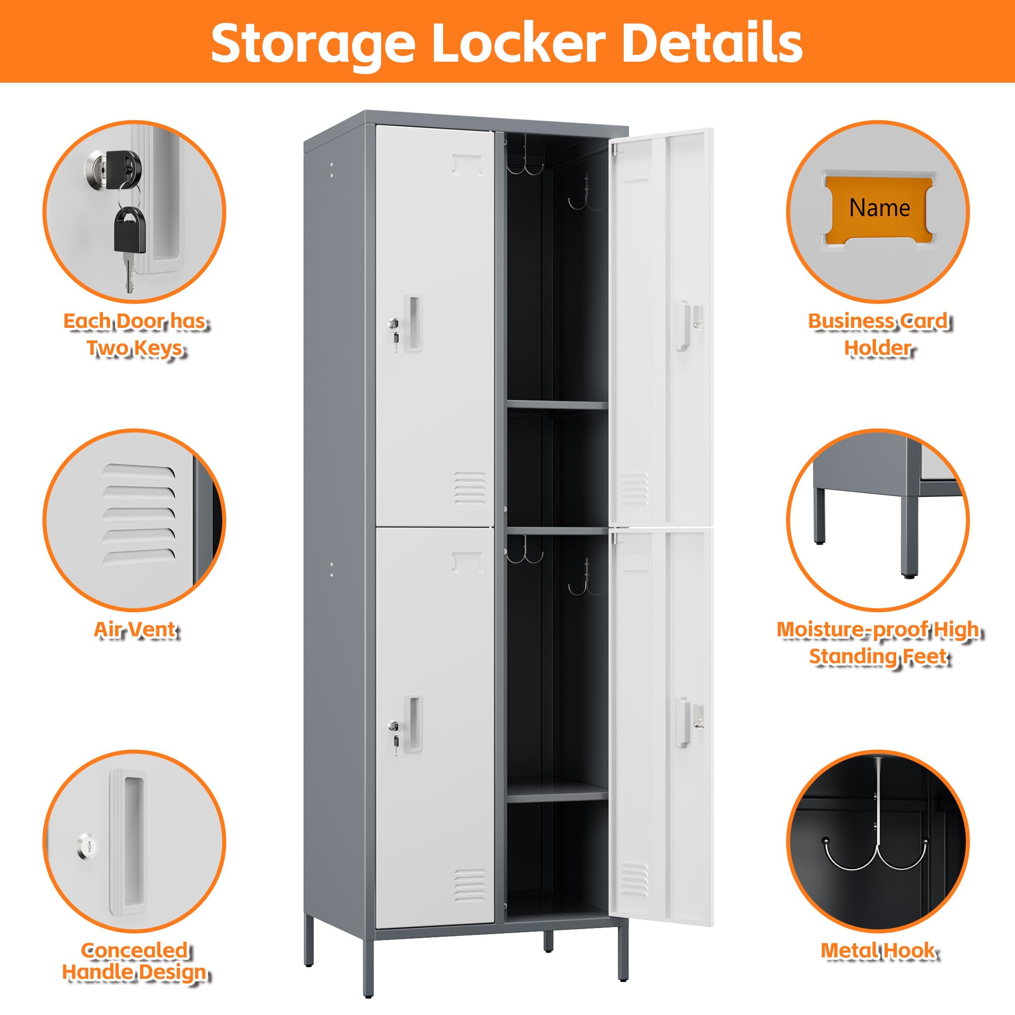 Aobabo 185H x 60B x 45T cm Stahl Schließfach, 4 Tür Schrank für Mitarbeiter, Dunkelgrauweiß