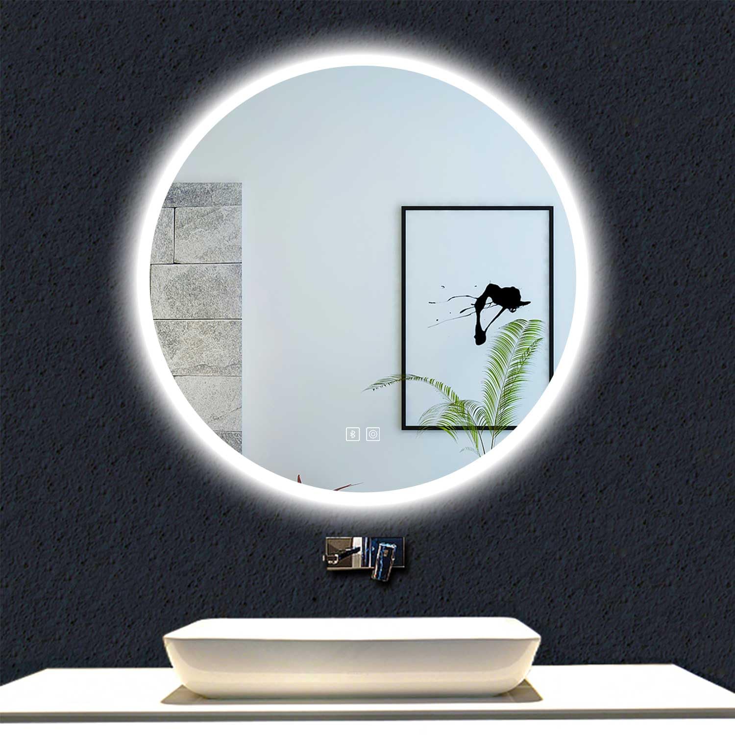 Acezanble 600mm Bluetooth Round Bathroom Mirror with LED Light 3-Color Dimmable, Illuminated Wall Mounted Vanity Mirror with Demister, Anti-fog Large Circle Makeup Mirror, IP44
