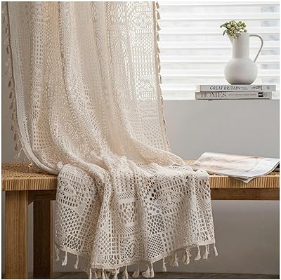 Gualiy Sheer Curtains, Curtains for Living Room 2 Panels Crochet Hollow Style Drapes and Curtains 59 inch Width Beige Sheer Window Curtains 102 inch Length