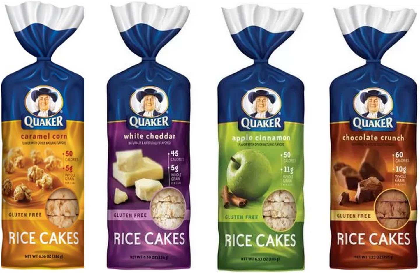 Quaker Rice Cakes Variety Bundle - Pack of 4 Flavors, Chocolate Crunch, Apple Cinnamon, Caramel Corn, White Cheddar