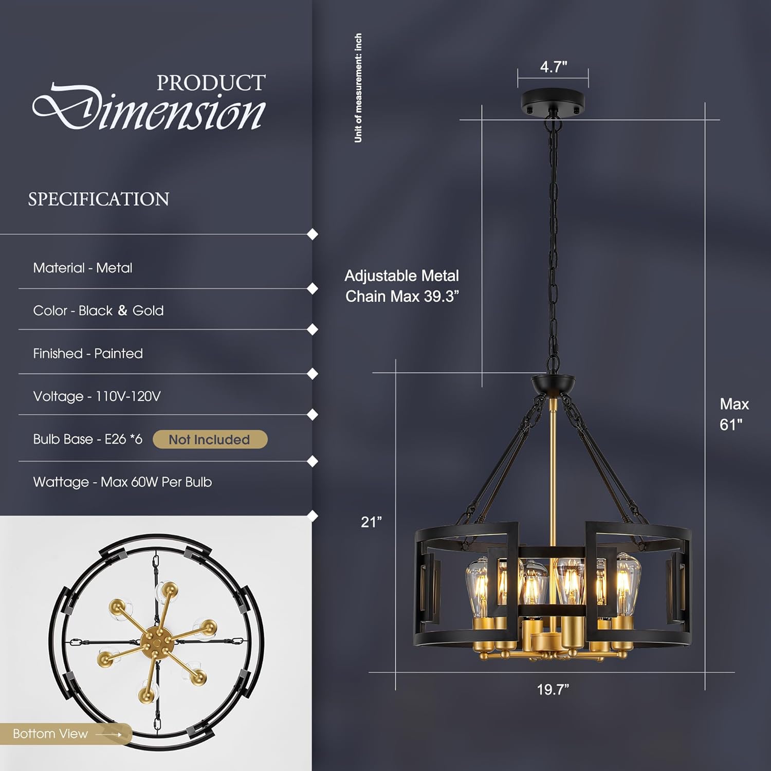 Modern 19.7" Black Gold Chandelier for Dining Room Industrial Vintage Semi Flush Mount 6-Light Round Pendant Ceiling Light Fixture for Kitchen Bedroom Living Room Hallway Entryway Foyer