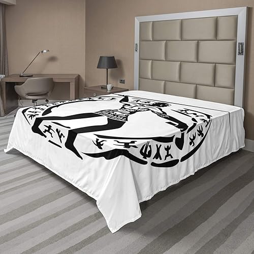 Miniatura 2 de Ambesonne Hunting Flat Sheet, Person with Lance Hunting Folklore Circle, Soft Comfortable Top Sheet Decorative Bedding 1 Piece, Twin Size, Black