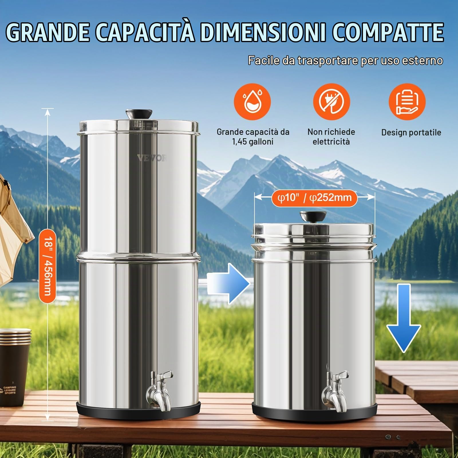 VEVOR Sistema di Filtraggio Acqua a Gravità Sistema da banco in Acciaio Inox Sistema Filtraggio Acqua 4,4 + 5,5, Riduce Piombo e Cloro, Filtraggio con 2 Filtri al Carbone Rubinetto Camper da Campeggio