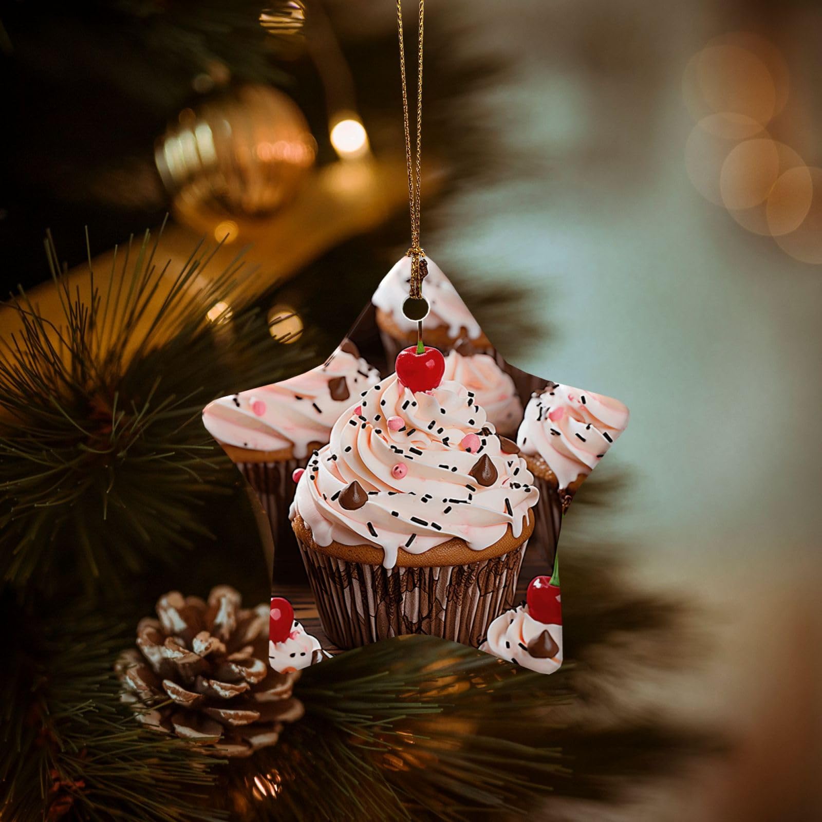 Christmas Ornaments for Christmas Tree Decoration Hanging Cupcake and Muffin Ornament with Gold Ribbon Crafts Star Shape Ceramic Pendant for Keepsake Gifts Xmas Decor Party Supplies