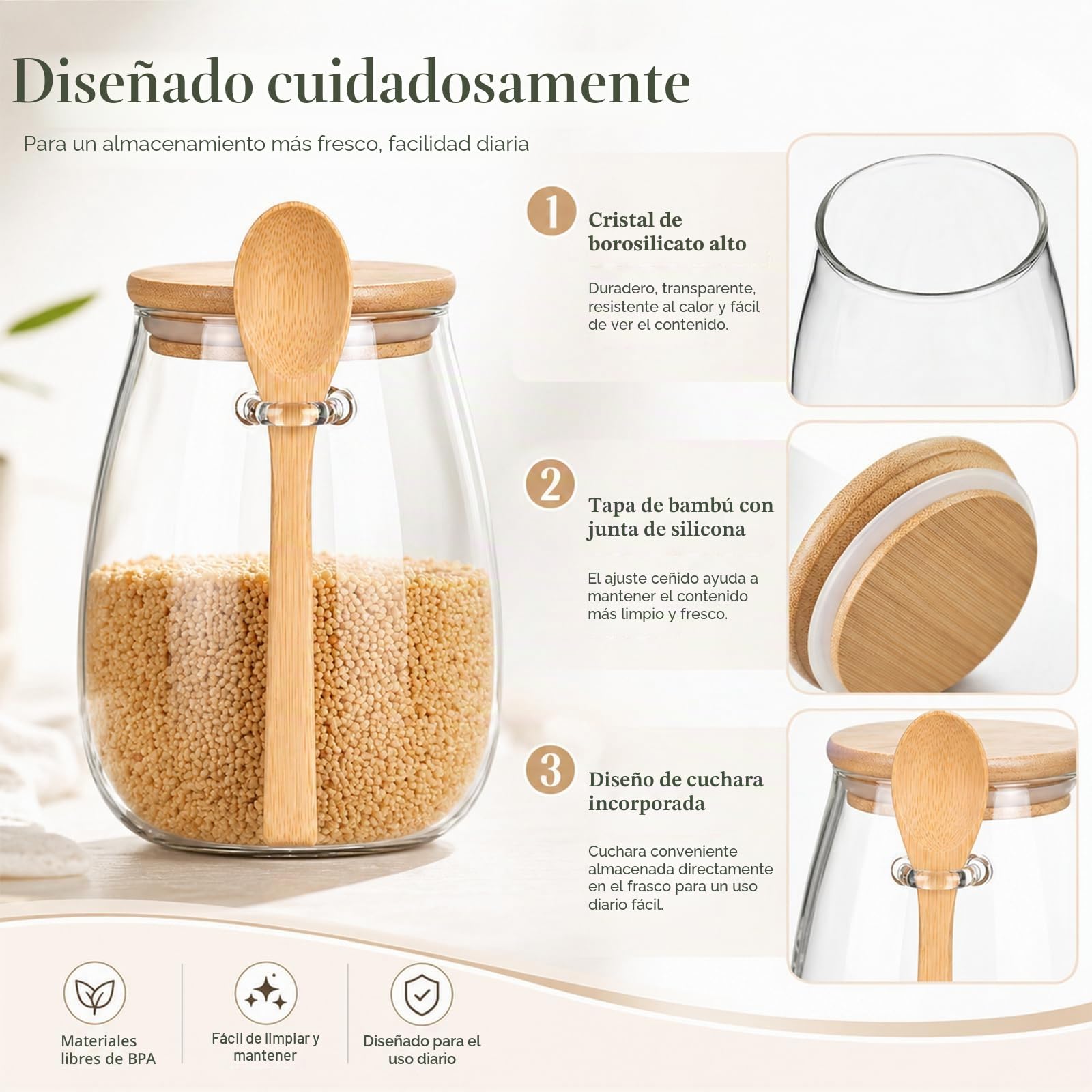 Tarros de Cristal con Tapa de Bambú y Cuchara, Set de 3 Botes Herméticos 350ml 600ml 1000ml, Recipientes de Almacenamiento para Cocina Café Té Azúcar Especias