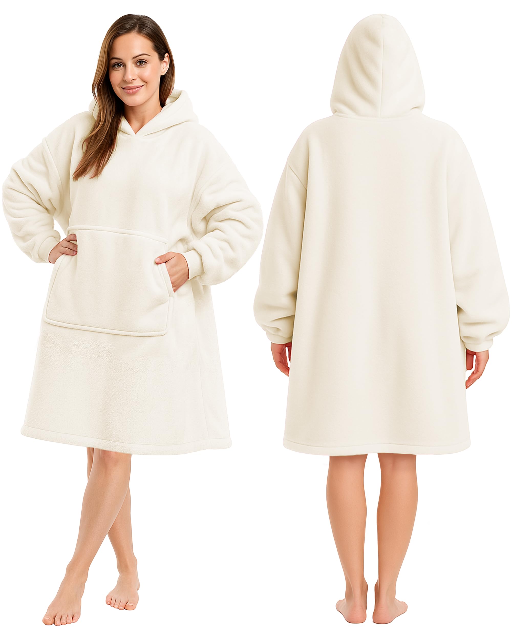Keplin Cream Oversized Blanket Hoodie – Ultra Soft Fleece & Sherpa Lined Wearable Hoodie Blanket With Large Pocket And Elasticated Cuffs – One Size Fits Most For Lounging, Travel, Camping & Home Comfort
