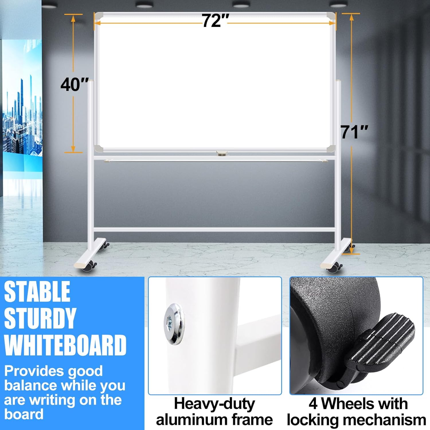 Dry Erase Board with Stand - 72x40 Double Sided Large Standing Whith Board, Mobile Whiteboard on Wheels for Home Classroom Office, Rolling Magnetic Whiteboard Easel for Meeting, Training
