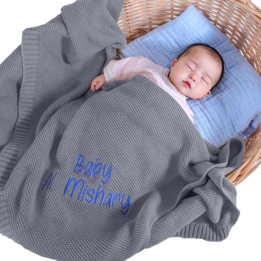 REQTYUI Personalized Baby Blankets - Custom embroidered name knitted blankets are the ideal nursery gift for babies, baby boys and baby girls. Perfect for birthdays, baby showers and Christmas!
