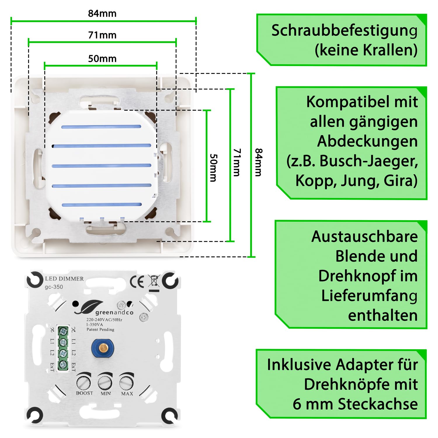 2 Stück greenandco gc-350 | Unterputz LED und Halogen Dimmer | 1-350 Watt | für Wechselschaltungen geeignet | mit Boost Funktion | weiß