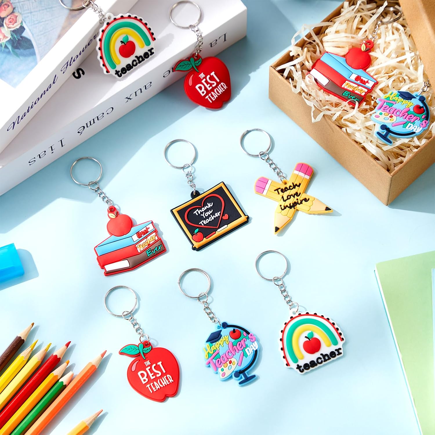 Ferreve 120 Pcs Teacher Keychain Bulk Teachers Appreciation Gifts Thank You Party Favors Women Hanging Gift Key Chain Keyring for Backpacks Decoration