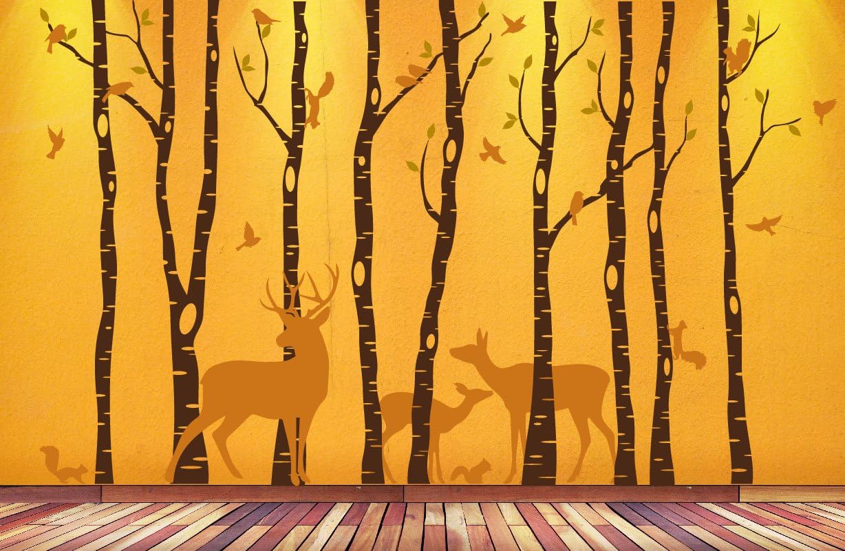 Birch Tree Wall Art Decal Forest Woodland Birds Deer Family Squirrels Buck Doe Fawn Nursery Decor Sticker Removable Custom (9 Trees) 1362 (96" (8ft) Tall, White Trees - Brown Animals)