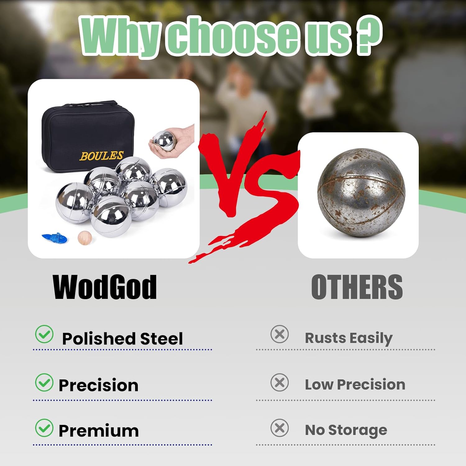 WodGod Petanque Game Set – 6 Stainless Steel Balls with Carry Case, Target Ball & Measuring String, Classic Petanque Game Set for Lawn, Beach & Backyard – Outdoor Family Bocce Ball Fun